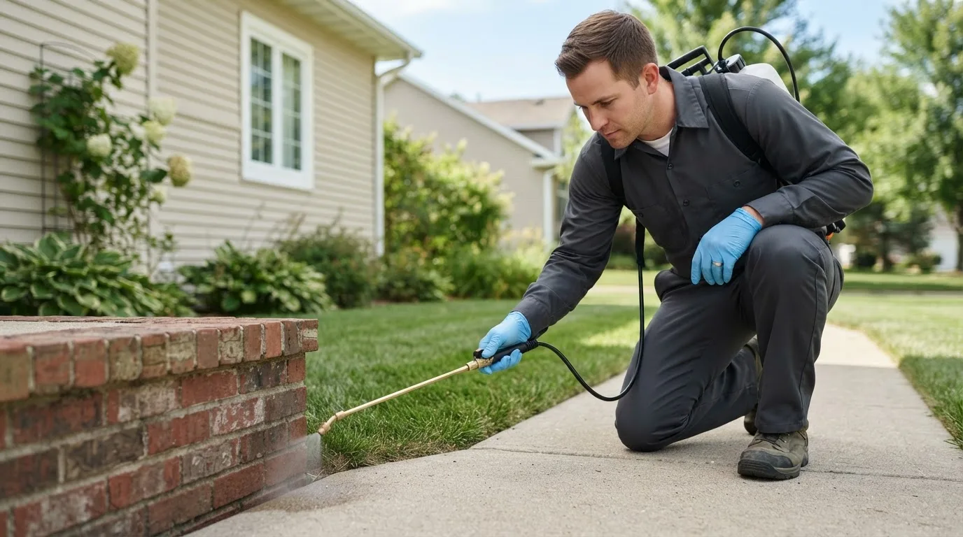 Pest control technician treating a home near New Harbor, ME