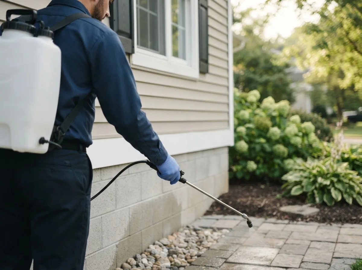 Pest control technician inspecting a home in New Harbor, ME